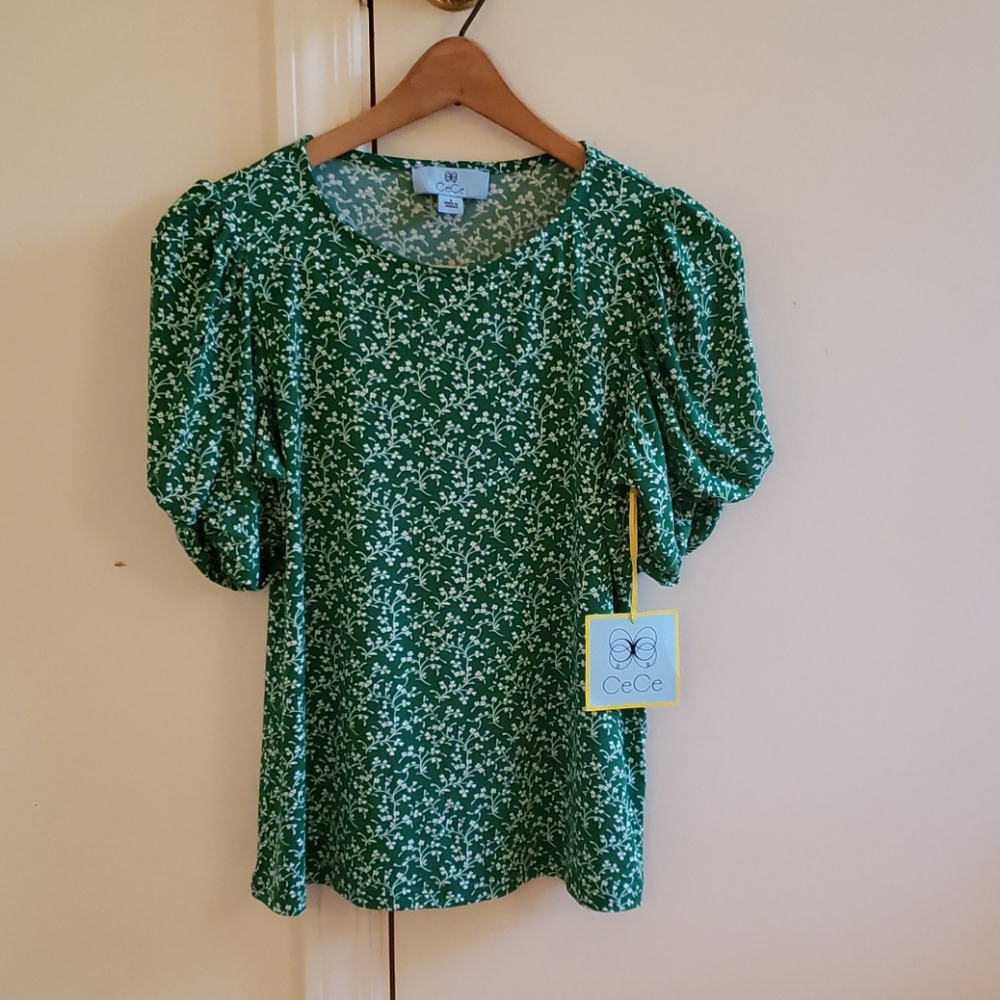 CeCe women's small green w/white flowers blouse